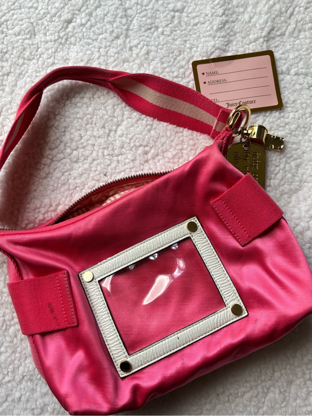 Juicy Couture Vintage Y2K Hot Pink Satin Shoulder Bag Whistle and Plate Charms - Picture 3 of 11